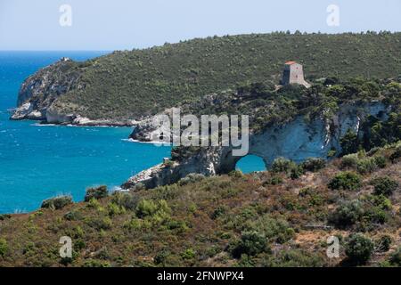 Vista sulla costa del Gargano vicino a Vieste con l'arco di San Felice (Architello) Foto Stock