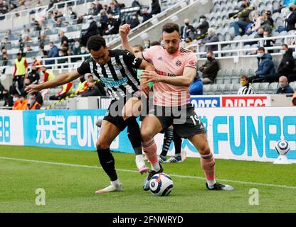 Newcastle, Inghilterra, 19 maggio 2021. Jacob Murphy of Newcastle United combattuto da Jack Robinson di Sheffield Utd durante la partita della Premier League al St. James's Park, Newcastle. Il credito immagine dovrebbe essere: Darren Staples / Sportimage Credit: Sportimage/Alamy Live News Foto Stock