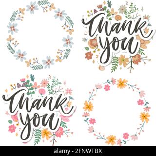 Cute Thank You script carta fiori testo lettera Illustrazione Vettoriale