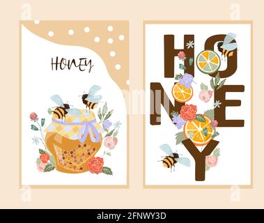 Emblemi o etichette per prodotti a base di miele, set di striscioni o volantini, illustrazione vettoriale piatta. Immagine colorata di miele con api volanti e elema floreale decorativo Illustrazione Vettoriale
