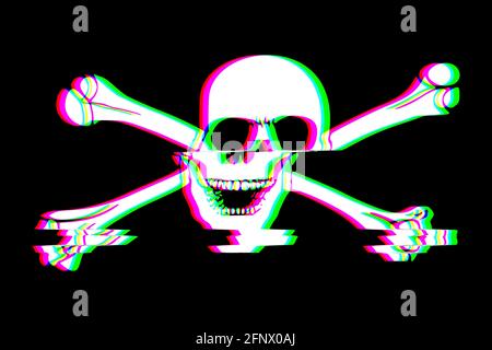 Icona cranio glitch vintage effetto morte digitale problema illustrazione sopra Sfondo nero glitch digitale gridando il cranio illustrazione nello stile di ol Foto Stock