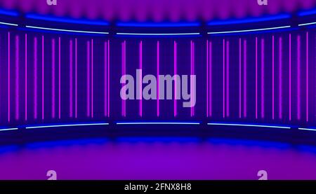 Sfondo 3d astratto minimalistico ultravioletto. Luce al neon da lampade sulle pareti del palco circolare. illustrazione 3d. Foto Stock