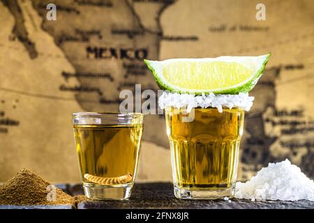 Bevande tipiche messicane, Mezcal con sale, pepe e larva accanto alla tequila con limone e sale, con mappa del messico sullo sfondo Foto Stock