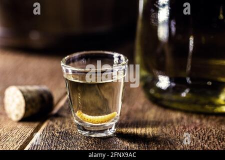 La mezcal (o mescal) è comunemente nota come 'tequila messicana con larva', con larve dell'insetto di gusano sul fondo della bottiglia. Bere con gli alluci Foto Stock