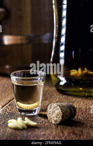 La mezcal (o mescal) è comunemente nota come 'tequila messicana con larva', con larve dell'insetto di gusano sul fondo della bottiglia. Bere con gli alluci Foto Stock