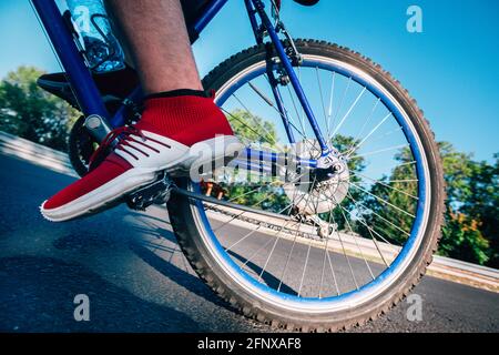 Montare maschio ciclista biker in sella alla sua moto ciclo su una strada asfaltata al tramonto mentre il sole tramonta attraverso la sua ruota. Foto Stock