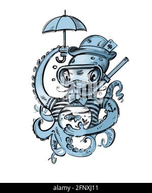 Illustrazione creativa di un polpo con un ombrello e un pesce d'oro acquario su sfondo bianco Foto Stock