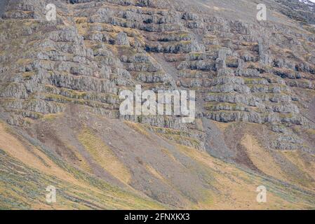 Primo piano di texture di montagna islandese cresta verde grigio colori sabbia tonalità terra Foto Stock