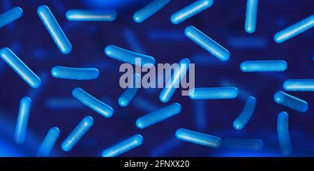 Probiotici. Ripristino della flora intestinale. Colore blu. Lactobacillus. Banner. illustrazione 3d. Foto Stock