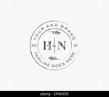 HN lettere cornici floreali. Decorazione monolina originale e modificabile, femminile e floreale per biglietti d'auguri, invito al matrimonio. Illustrazione Vettoriale