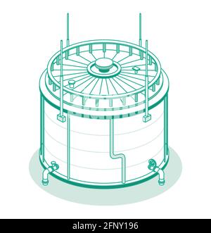 Serbatoio isometrico Big Industrial Oil isolato su sfondo bianco. Icona contorno. Illustrazione vettoriale. Illustrazione Vettoriale