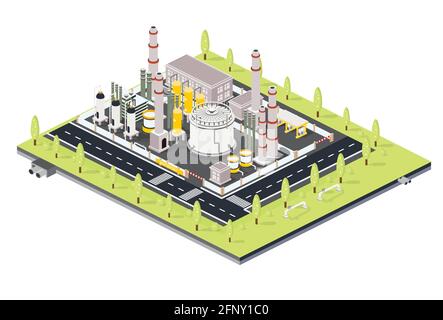 Impianto di raffineria isometrica con tubi. Zona industriale petrolifera con elementi infrastrutturali. Illustrazione vettoriale. Area di fabbrica con serbatoi dell'olio. Illustrazione Vettoriale