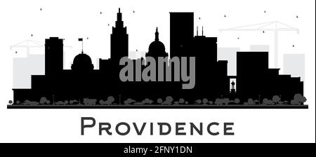 Silhouette della skyline di Providence Rhode Island City con edifici neri isolati su bianco. Illustrazione vettoriale. Il paesaggio urbano di Providence USA con i punti di riferimento. Illustrazione Vettoriale