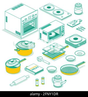 Set isometrico di utensili da cucina isolati su bianco. Illustrazione vettoriale. Icone di contorno. Illustrazione Vettoriale