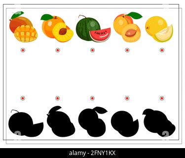 puzzle game per bambini trovare l'ombra giusta, frutta. mango, pesca, albicocca, anguria, vettore di melone isolato su sfondo bianco Illustrazione Vettoriale