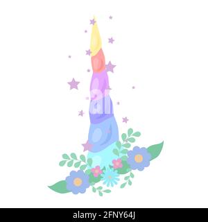 Illustrazione per bambini di un corno unicorno multicolore con corona di fiori e stelle scintille su sfondo bianco. Decorazione arcobaleno. Cartoni animati vettoriali Illustrazione Vettoriale