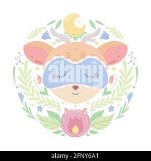 Cute illustrazione infantile di un piccolo cervo grazioso in maschera di sonno con decorazione della pianta su sfondo bianco. L'animale del bambino. Vector Cartoon flat dr Illustrazione Vettoriale