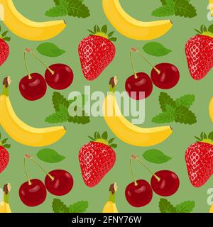 Una serie di utili frutti maturi su sfondo verde. Succosa frutta naturale e frutti di bosco senza cuciture. Sfondo luminoso di raccolta giardino. Illustrazione Vettoriale