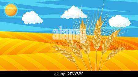 Grano in campi. Paesaggio naturale con raccolto orecchio Illustrazione Vettoriale