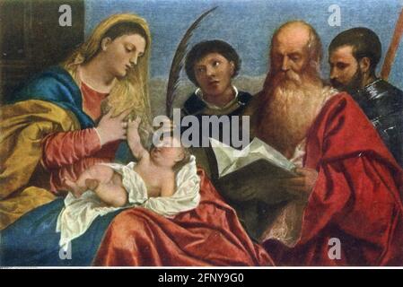 Belle arti, Tiziano (circa 1488 / 1490 - 1576), pittura, Maria con il bambino e i Santi Girolamo, IL DIRITTO D'AUTORE DELL'ARTISTA NON DEVE ESSERE CANCELLATO Foto Stock