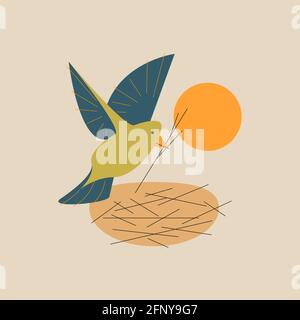 Uccello vettoriale con ramo in stile contorno. Arte digitale Illustrazione Vettoriale