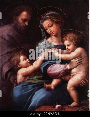 Belle arti, Raffaello (1483 - 1520), pittura, Madonna della rosa, 1518 - 1520, olio su tela, 103 x 84 cm, IL DIRITTO D'AUTORE DELL'ARTISTA NON DEVE ESSERE CANCELLATO Foto Stock