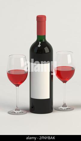 Bottiglia di vino con etichetta vuota e due bicchieri rendering 3D Foto Stock