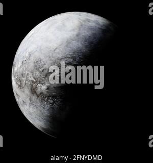 pianeta alieno congelato, exoplanet nascosto in ghiaccio e neve isolato su sfondo nero (3d space rendering) Foto Stock