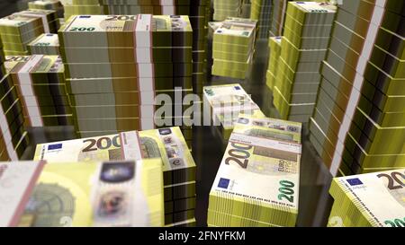 Euro Money Pack illustrazione 3d. Pile di banconote da 200 EUR. Concetto di finanza, contanti, crisi economica, successo di affari, recessione, banca, tasse e. Foto Stock