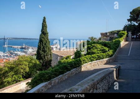 Vista sulla baia di Cannes verso le isole di Lerins sulla Costa Azzurra dal castello di Castre nel Suquet. Foto Stock