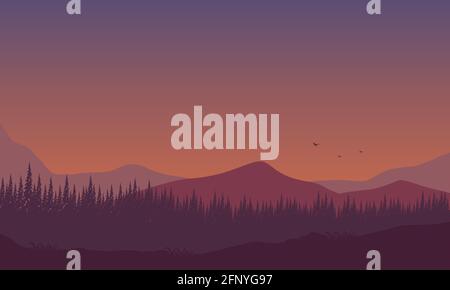 Vista sulle montagne con foresta realistica dalla periferia della città al tramonto in serata. Illustrazione vettoriale Illustrazione Vettoriale
