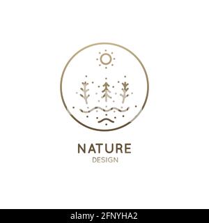 Logo vettoriale di elementi naturali in stile lineare. Icone di contorno paesaggio invernale con alberi, sole e fiume - emblemi business, badge per un viaggio Illustrazione Vettoriale
