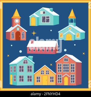 Set di case colorate villaggio cartoon. Illustrazione vettoriale per poster, banner del sito, sfondo di opuscoli o volantini, carta regalo o decorazione di invito Illustrazione Vettoriale