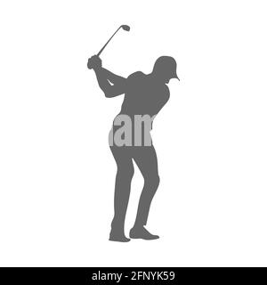 Golf. Silhouette di un atleta che gioca a golf. L'atleta ha colpito la palla con un bastone. Stile piatto, isolato su sfondo bianco. Illustrazione Vettoriale