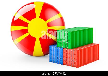 Container con bandiera macedone. Spedizione merci in Macedonia, 3D rendering isolato su sfondo bianco Foto Stock