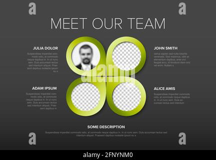 Modello di presentazione del team aziendale con foto del profilo del team cerchio verde segnaposto con testo di esempio su ciascun membro del team - membro del team fotografico Illustrazione Vettoriale