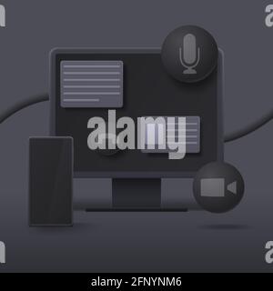 Computer e smartphone in stile 3D su sfondo scuro. Il concetto di lavorare e comunicare su Internet. Illustrazione vettoriale. Illustrazione Vettoriale