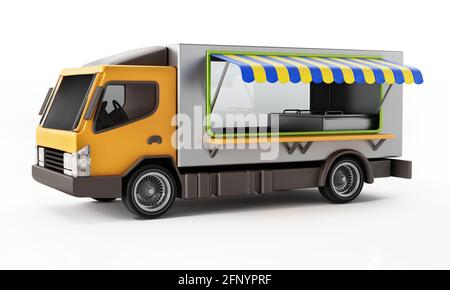 Camion generico fast food isolato su sfondo bianco. Illustrazione 3D. Foto Stock