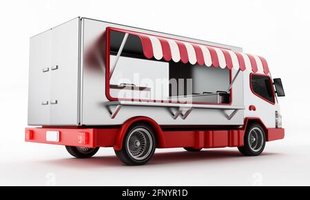 Camion generico fast food isolato su sfondo bianco. Illustrazione 3D. Foto Stock