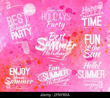 Estate ambientato in stile retrò nella forma scritta con testo, ciao estate, migliori vacanze estive su sfondo color acquerello rosa brillante. Illustrazione Vettoriale