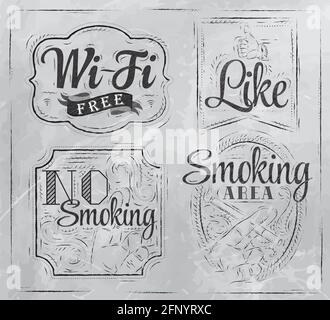Accesso Wi-fi a internet gratuito, area fumatori, non fumatori, come un disegno stilizzato in carbone a bordo Illustrazione Vettoriale