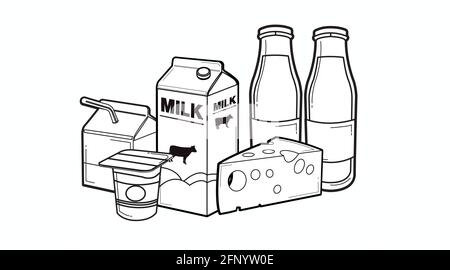 Icona latte impostata. Scatola o cartone del latte bianco e nero isolato da Vector, bottiglie di latte, yogurt, formaggio Illustrazione Vettoriale