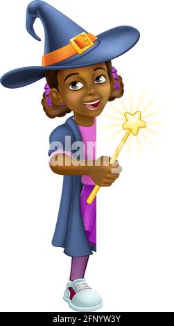 Black Girl Cartoon Bambino Halloween segno strega Illustrazione Vettoriale