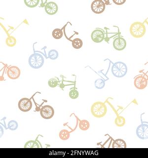 Silhouette con motivi senza cuciture per biciclette. Biciclette colorate per bambini. Stile di vita sano in diversi colori. Concetto di veicolo sportivo. Illustrazione vettoriale isolata Illustrazione Vettoriale