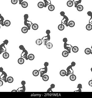 Carino felici bambini che cavalcano le silhouette delle biciclette. Ripetizione senza giunture. Diversi bambini cavalcano le biciclette. Stile di vita sano Illustrazione Vettoriale