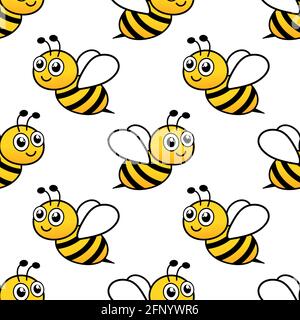 Modello senza cuciture con api volanti. Vettore cartoon api nere e gialle isolato su sfondo bianco. Illustrazione Vettoriale