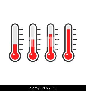 Set di icone del termometro. Strumento di misurazione. Termometro con mercurio rosso. Dispositivo medico con temperatura diversa. Illustrazione Vettoriale