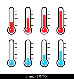 Set di icone del termometro. Strumento di misurazione per la raccolta di grandi dimensioni. Termometro con mercurio blu e rosso. Illustrazione Vettoriale