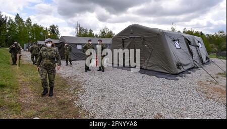 Rancirov, Repubblica Ceca. 20 maggio 2021. Giornata di controllo al campo tenda nella base militare di Rancirov, Repubblica Ceca, si è tenuta giovedì 20 maggio 2021. Le truppe statunitensi che si trasferiscono dalla Germania ad un esercizio in Ungheria si fermeranno sulla sua strada nel campo tenda di Rancirov vicino a Jihlava la domenica. Credit: Lubos Pavlicek/CTK Photo/Alamy Live News Foto Stock