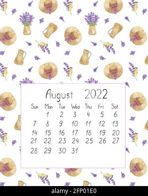 Calendario pagina l'anno 2022 per agosto acquerello floreale senza cuciture illustrazione, pagina stampabile, disegno a mano dei fiori di lavanda della Provenza francese Foto Stock
